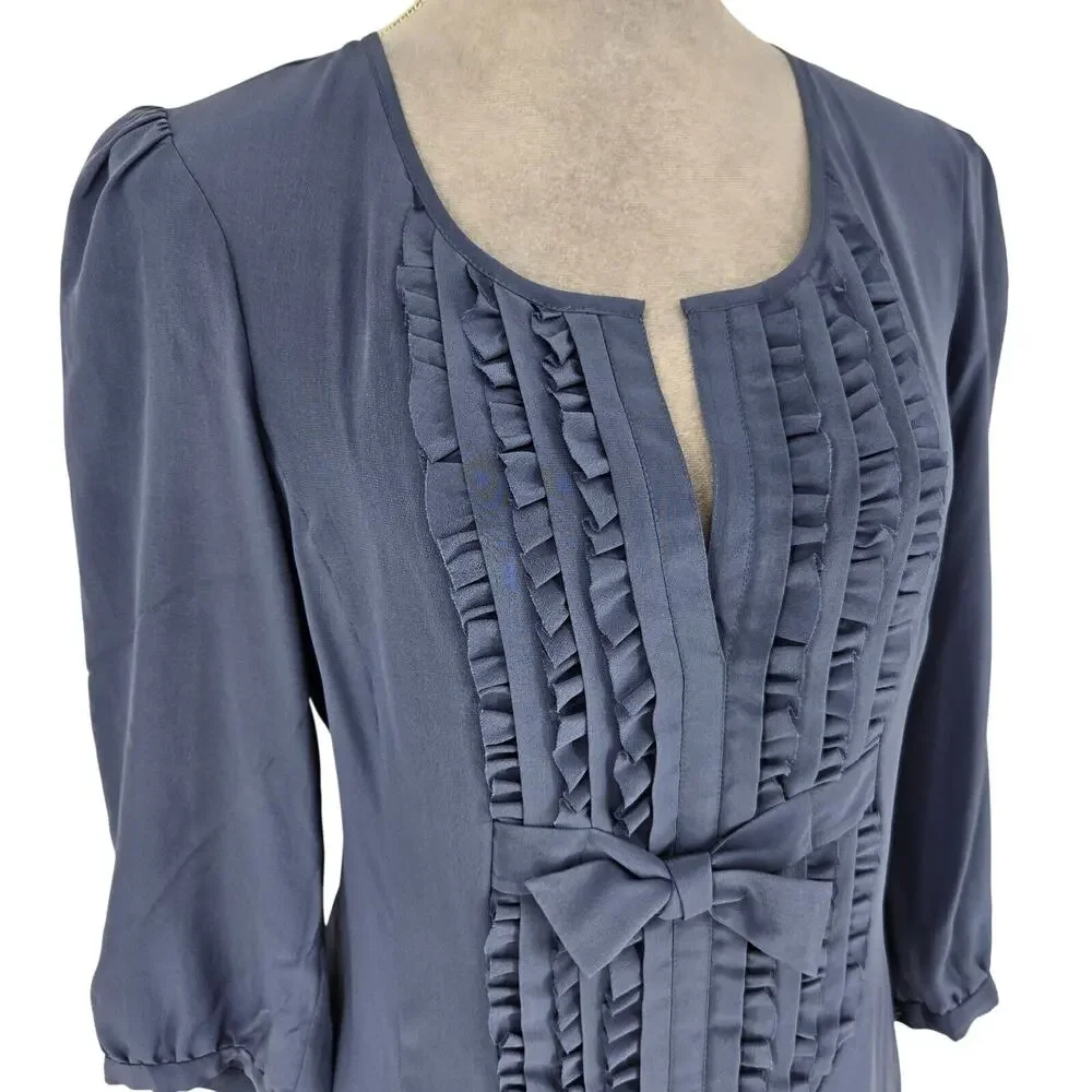 Nanette Lepore Dress Womens 8 Blue Silk Ruffle Front Back Zip Bow Gypsy Colt New